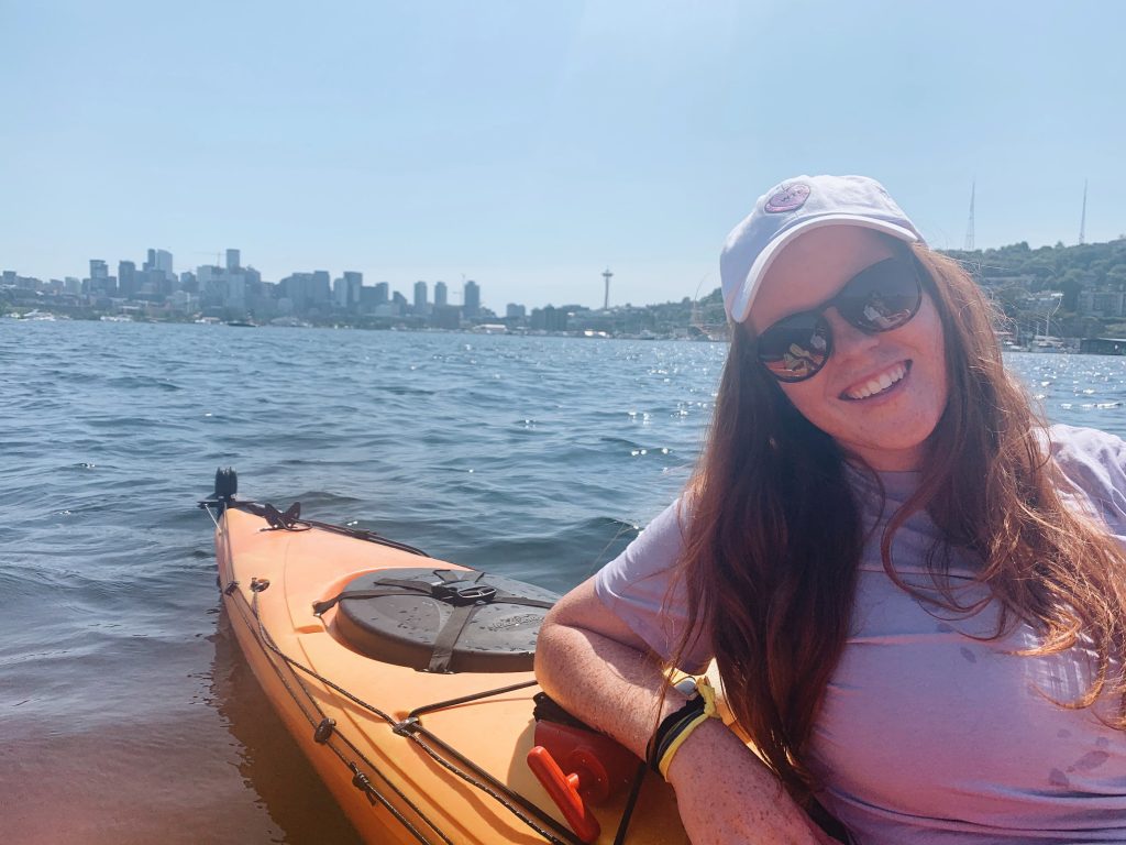 Woman on a kayak on Lake Union in Seattle